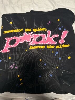Black Hoodie with Pink Polka-Dot Graphic and Yellow Script